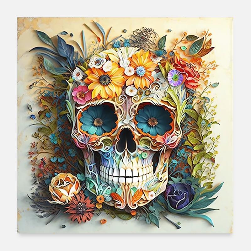 Skull Art Watercolor Flower Design 2 Poster 24" x 24" (60x60 cm)
