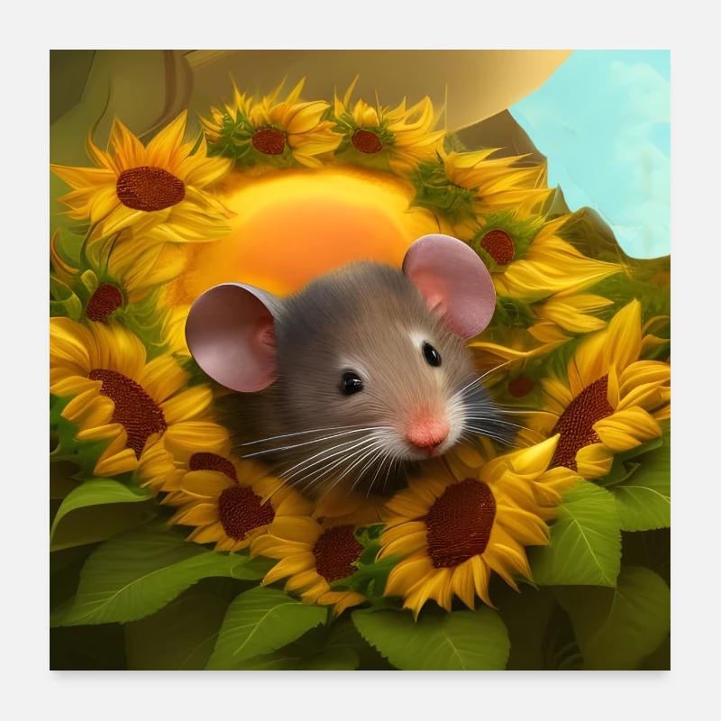 Mouse among sunflowers Poster 24" x 24" (60x60 cm)