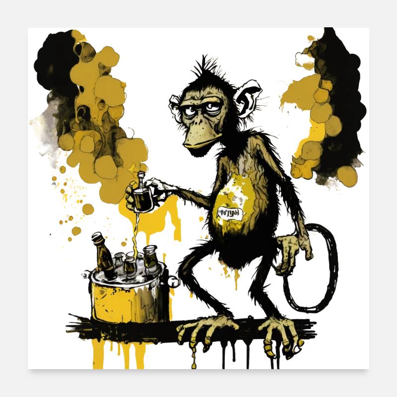 Cooler Schimpanse der sein eigenes Bier braut - Poster 60x60 cm - Weiß