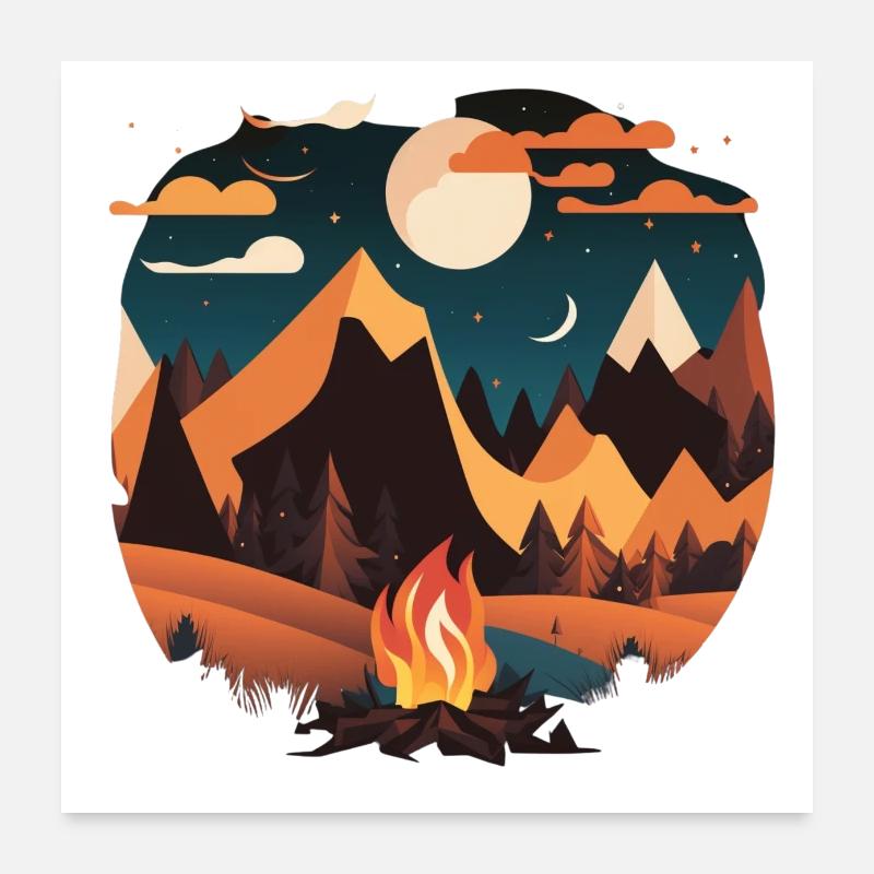 Camping au clair de lune avec feu de camp Poster 60 x 60 cm