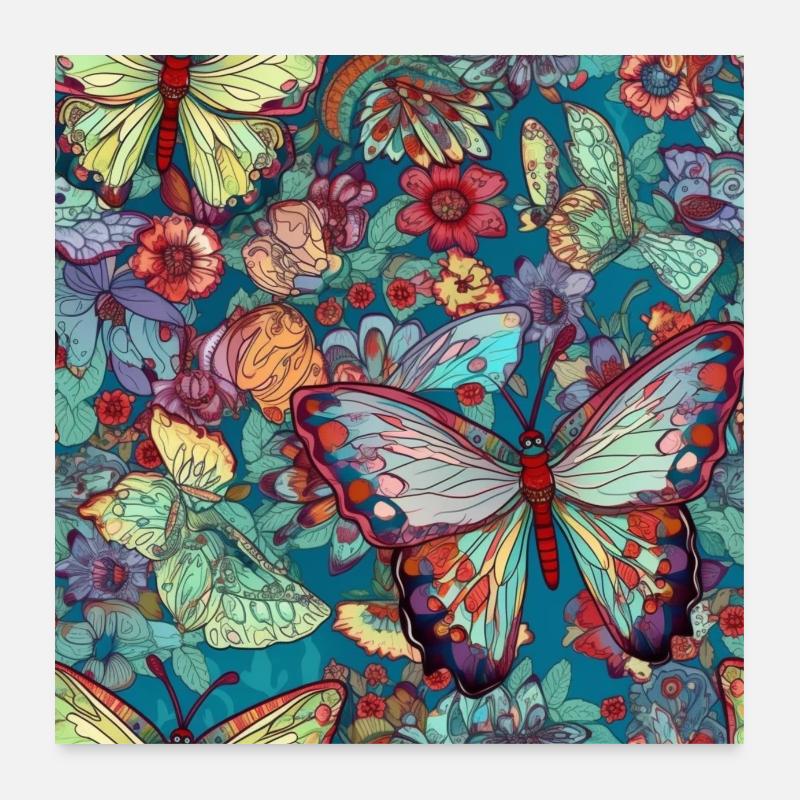 Butterflies and flowers on turquoise meadow Poster 24" x 24" (60x60 cm)