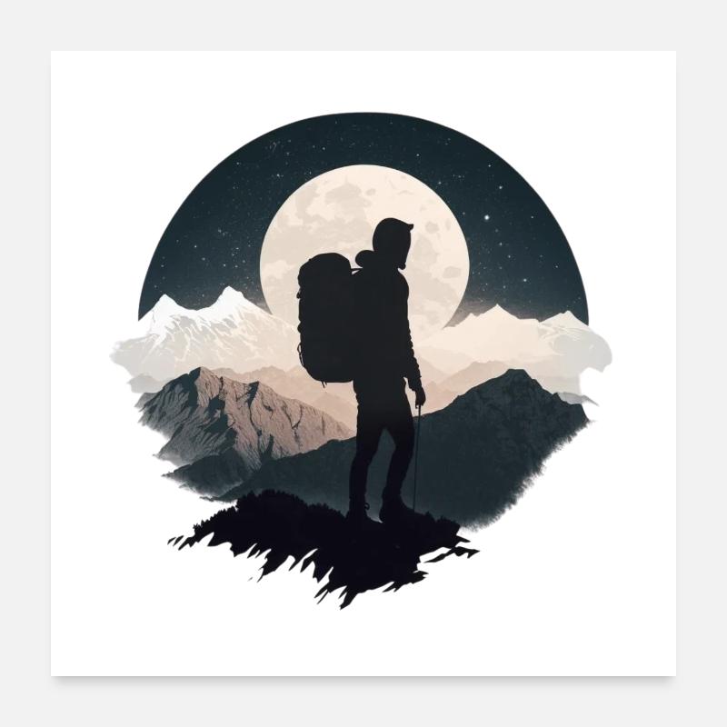 Backpacker in the moonlight, hike Poster 24" x 24" (60x60 cm)