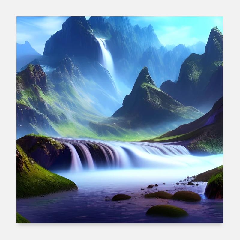 Cascade et Berge_01 - Poster 60 x 60 cm - blanc