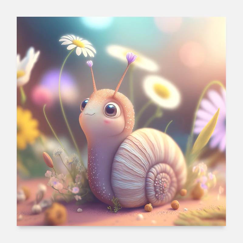 Schnecke mit Blüten - Poster 60x60 cm - Weiß