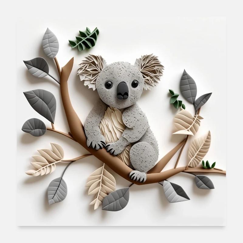 Koala im Baum - Paper Quilling - Poster 60x60 cm - Weiß