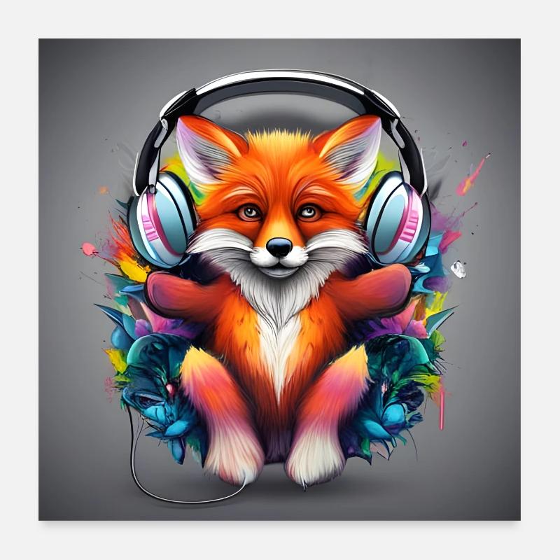 Renard avec casque Color Explosion Poster 60 x 60 cm