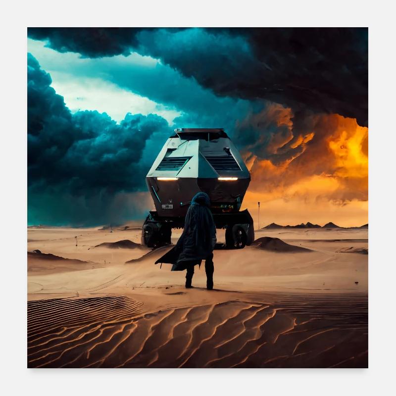 Cybertruck steht auf einer Düne und beobachtet ein Poster 60x60 cm