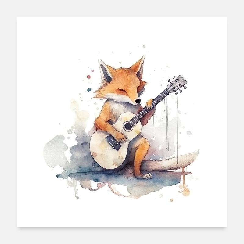 Affiche - Renard avec guitare - Poster 60 x 60 cm - blanc