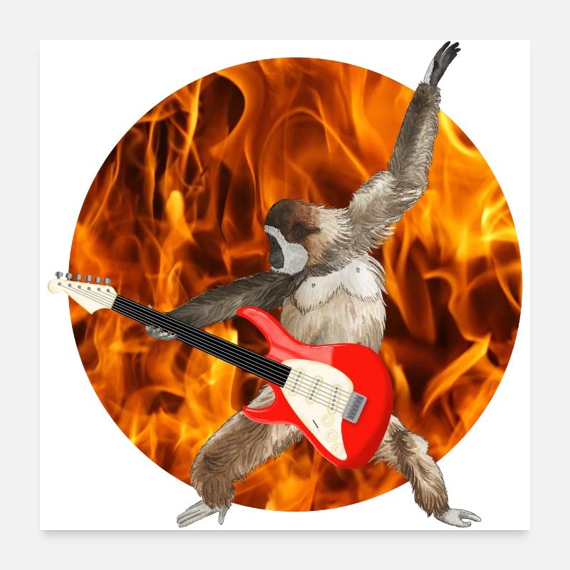 Monkey Whitebeard Gibbon Electric Guitar Fire Lets Rock Poster 24" x 24" (60x60 cm)