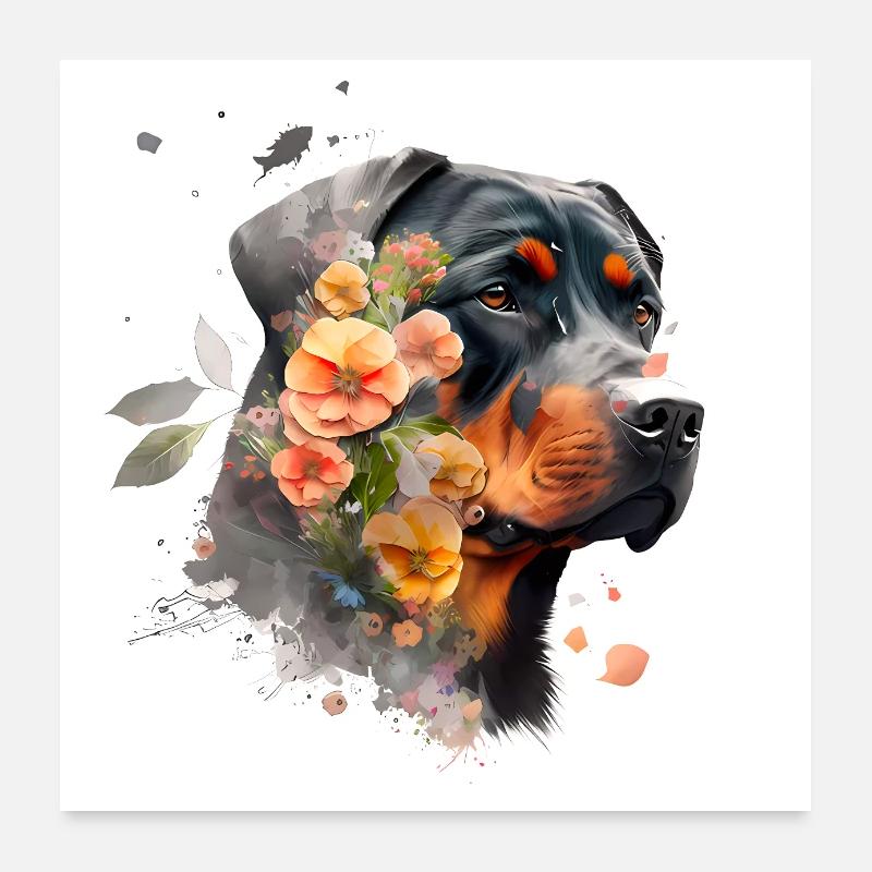 Rottweiler mit Blumen - Poster 60x60 cm - Weiß