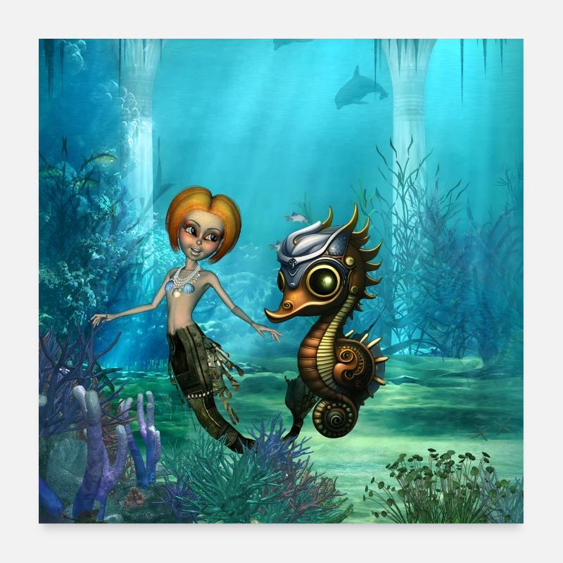 L’amitié de la sirène steampunk et du cheval Poster 60 x 60 cm
