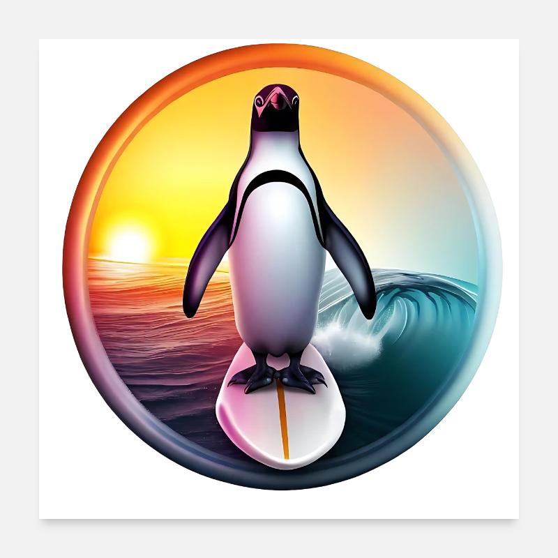 Pinguin Surfer Sonnenuntergang Poster 60x60 cm
