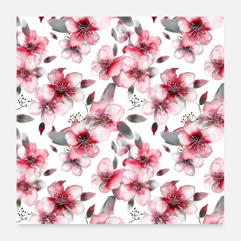 Watercolor Flowers Cherry Blossoms Floral Pattern Poster 24" x 24" (60x60 cm)