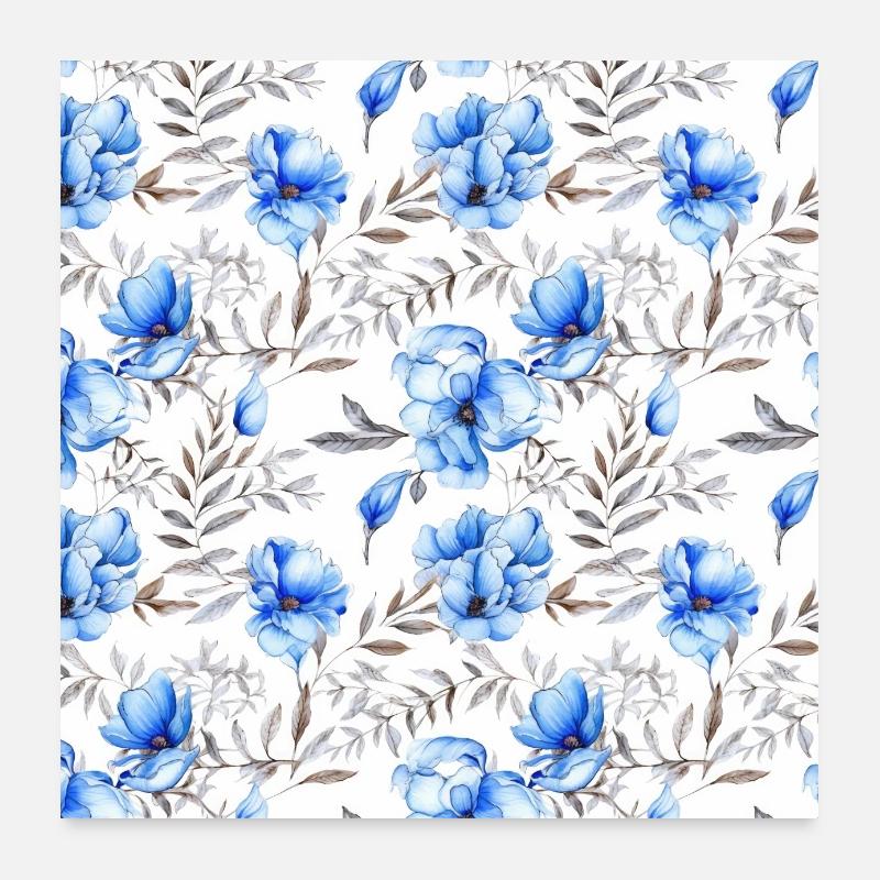 Aquarell Blumen Blaue-Blüten Florales Muster - Poster 60x60 cm - Weiß