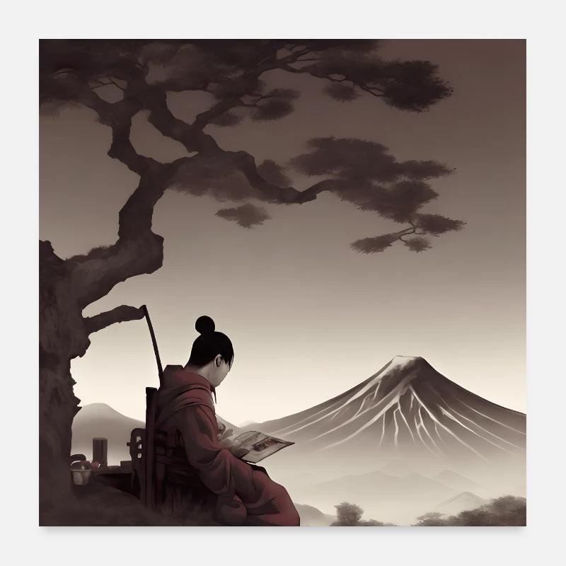 Japanisches Samurai-Kunstwerk - Poster 60x60 cm - Weiß