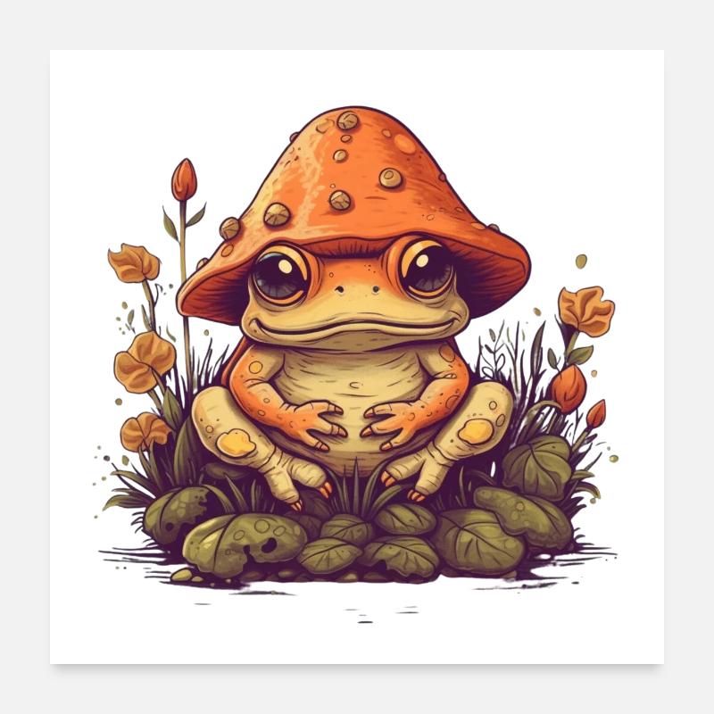 Crapaud mignon avec chapeau champignon drôle de grenouille nature Poster 60 x 60 cm