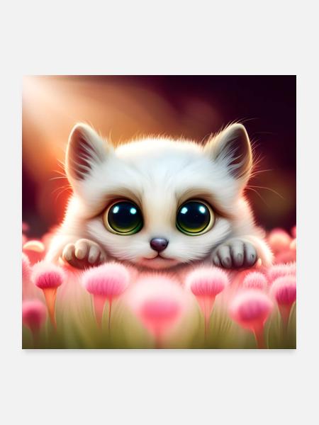 Katze süß mit Blumen - Poster 60x60 cm - Weiß - Vorne