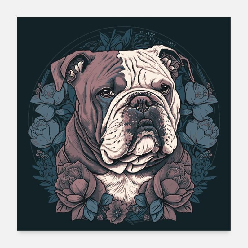 Bouledogue anglais avec des fleurs Poster 60 x 60 cm