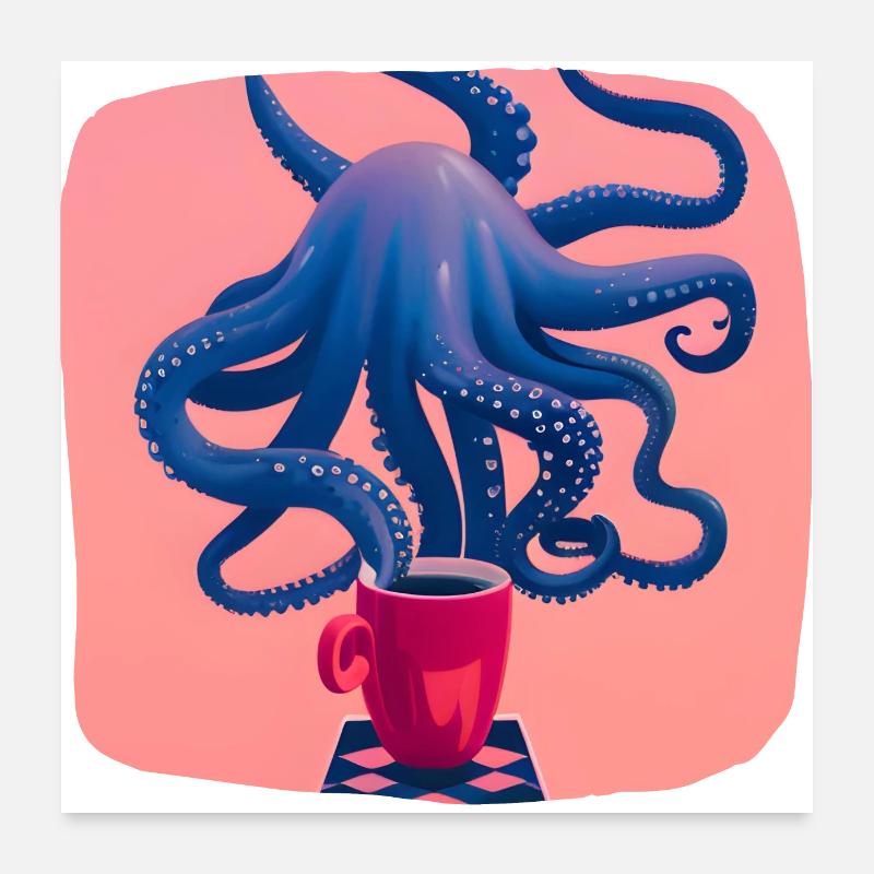 Blue octopus with coffee Poster 24" x 24" (60x60 cm)