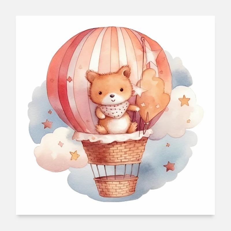 Baby Bear Red with Balloon, Clouds - Poster, Square Poster 24" x 24" (60x60 cm)