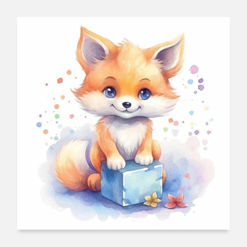 Baby Fox peint à la main, aquarelle - affiche, 1:1 Poster 60 x 60 cm
