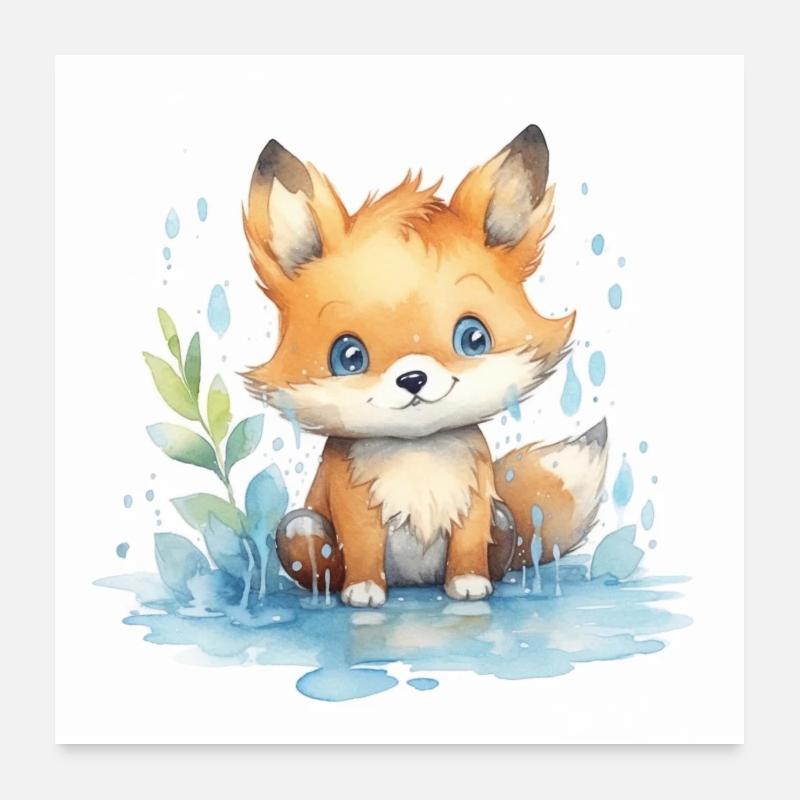 Baby Fox peint à la main, aquarelle - affiche, 1:1 Poster 60 x 60 cm