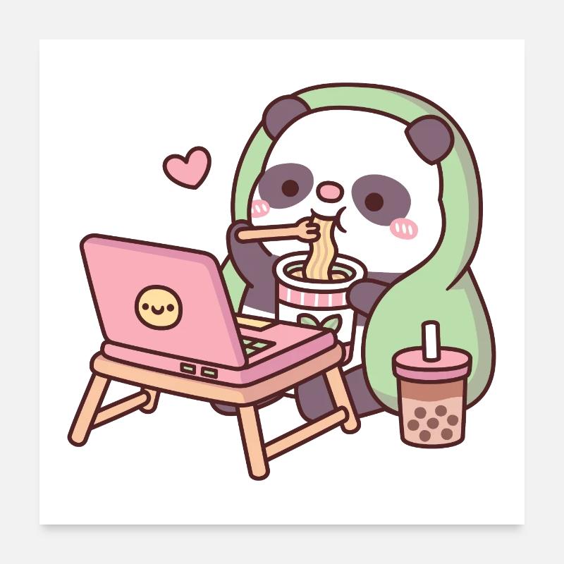 Süßer Panda chillt mit Nudeln und Bubble Tea Poster 60x60 cm
