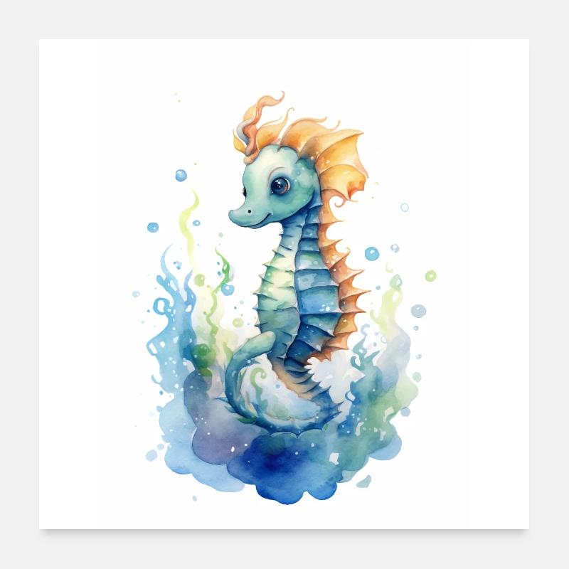 Hippocampe, bleu-vert, aquarelles - Affiche 1:1 - Poster 60 x 60 cm - blanc