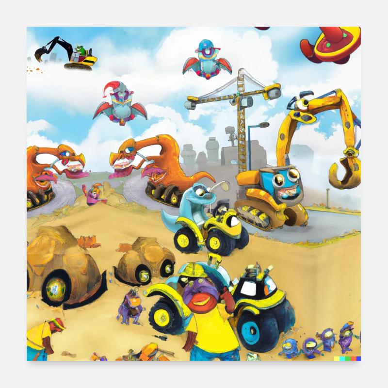 Monströse Baustelle - Lustiges Cartoon Poster - Poster 60x60 cm - Weiß