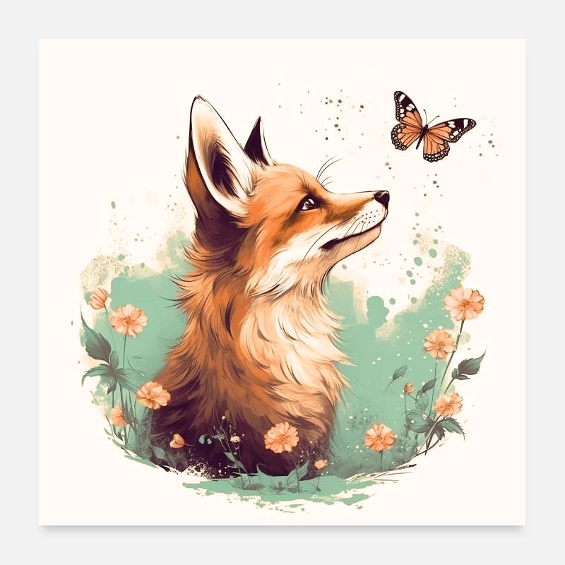 Renard avec papillon Poster 60 x 60 cm