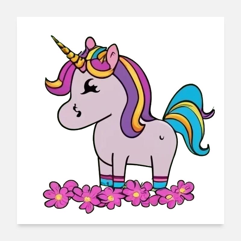 Licorne mignonne dans une prairie fleurie Poster 60 x 60 cm