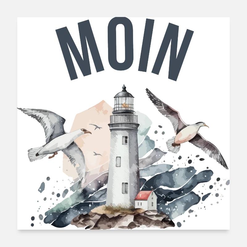 Moin (mit Leuchtturm und Möwen) Poster 60x60 cm