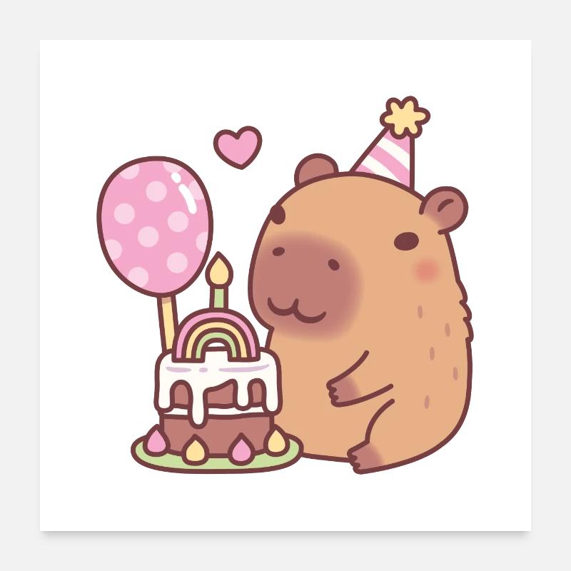 Lindo pastel de cumpleaños de capibara arco iris y globo Póster 60x60 cm