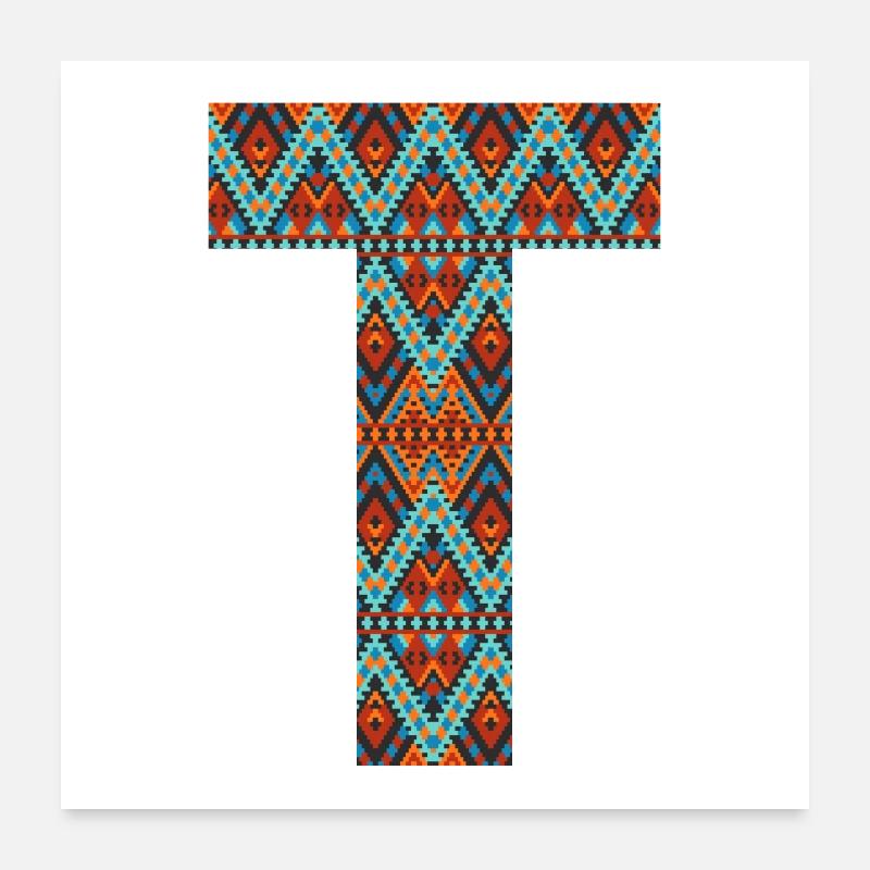 Buchstabe T-Boho-Design, buntes Monogramm Poster 60x60 cm