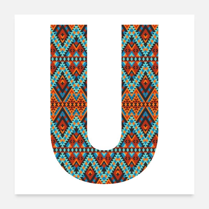 Buchstabe U-Boho-Design, Buntes Monogramm - Poster 60x60 cm - Weiß