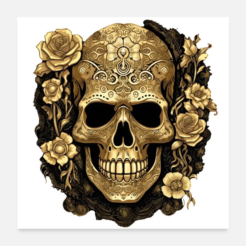Design exclusif de crâne doré avec des roses Poster 60 x 60 cm