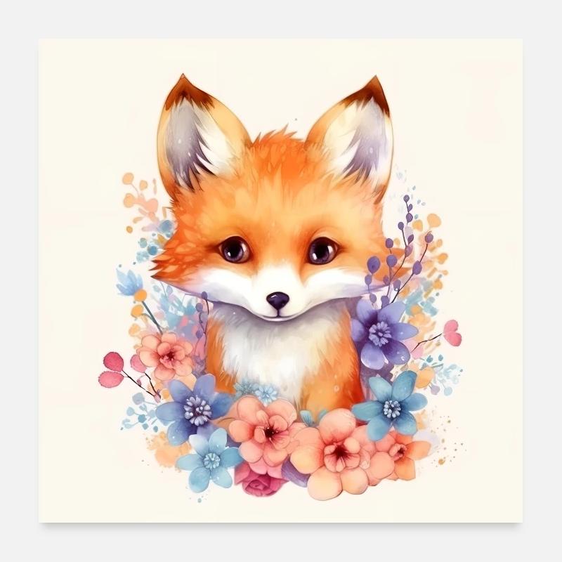 Bunter Fuchs mit Blumen Poster 60x60 cm