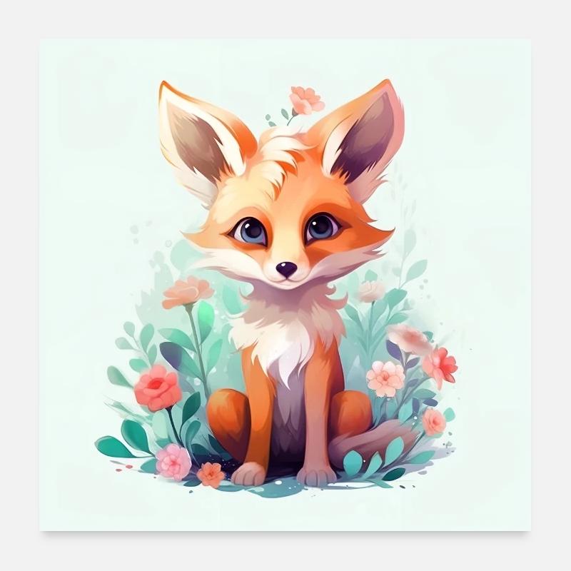 Bunter Fuchs mit Blumen Poster 60x60 cm