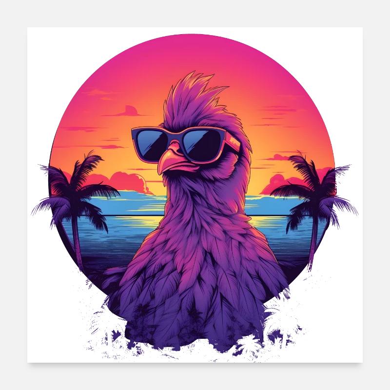 Synthwave Chicken Sunset - Poster 60 x 60 cm - blanc
