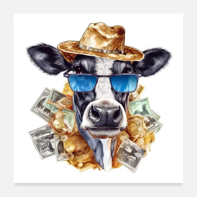 Vache à lait cool avec lunettes de soleil et chapeau de paille Poster 60 x 60 cm