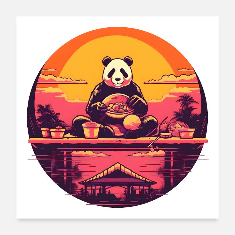 Synthwave mangeant Panda Japon Coucher de soleil Poster 60 x 60 cm