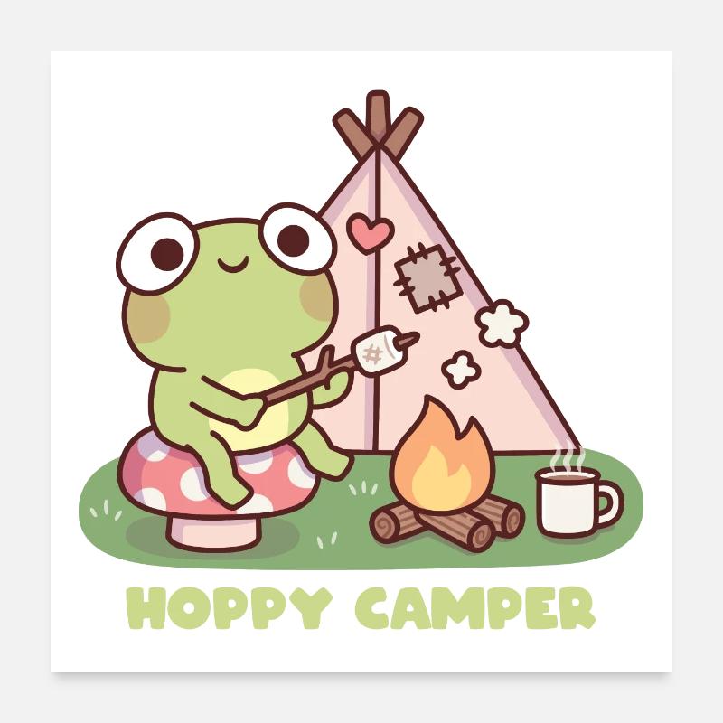 Mignonne grenouille au Campfire Hoppy Camper Pun Poster 60 x 60 cm