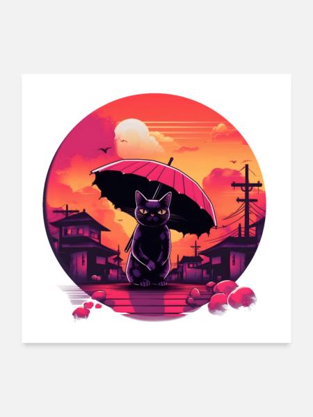 Synthwave japan Cat with umbrella - Poster 60x60 cm - Weiß - Vorne