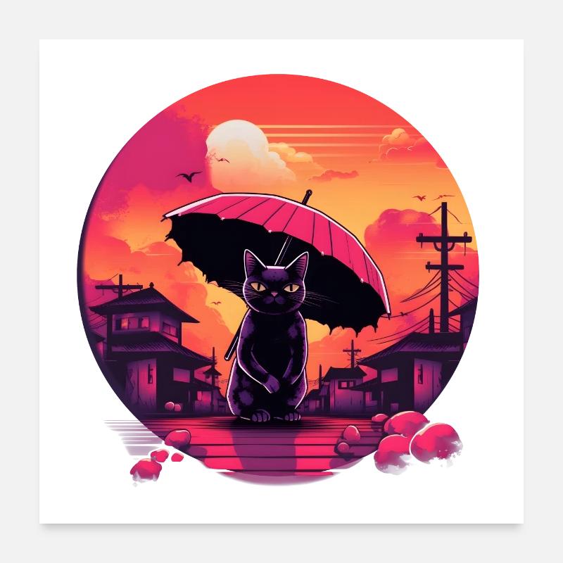 Synthwave japan Chat avec parapluie Poster 60 x 60 cm