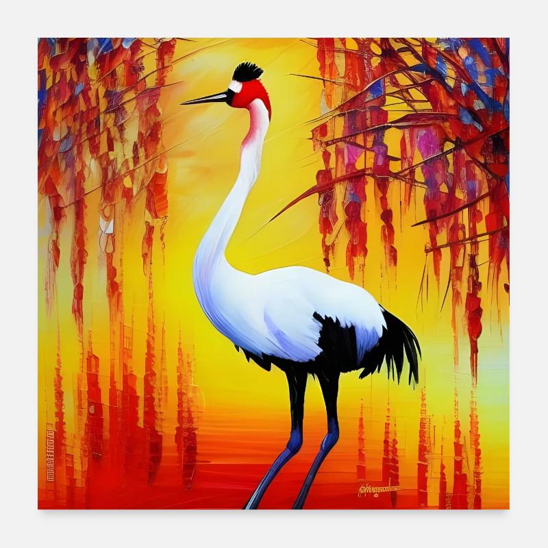 Red Crowned Crane at Sunset. Poster 24" x 24" (60x60 cm)