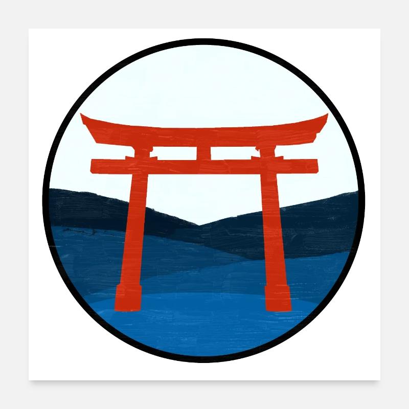 Red Torii Gate on Blue Hills - Digital Drawing Poster 24" x 24" (60x60 cm)