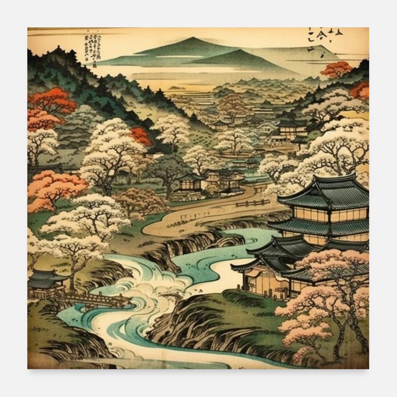 Vintage-Bild einer japanischen Landschaft - Poster 60x60 cm - Weiß