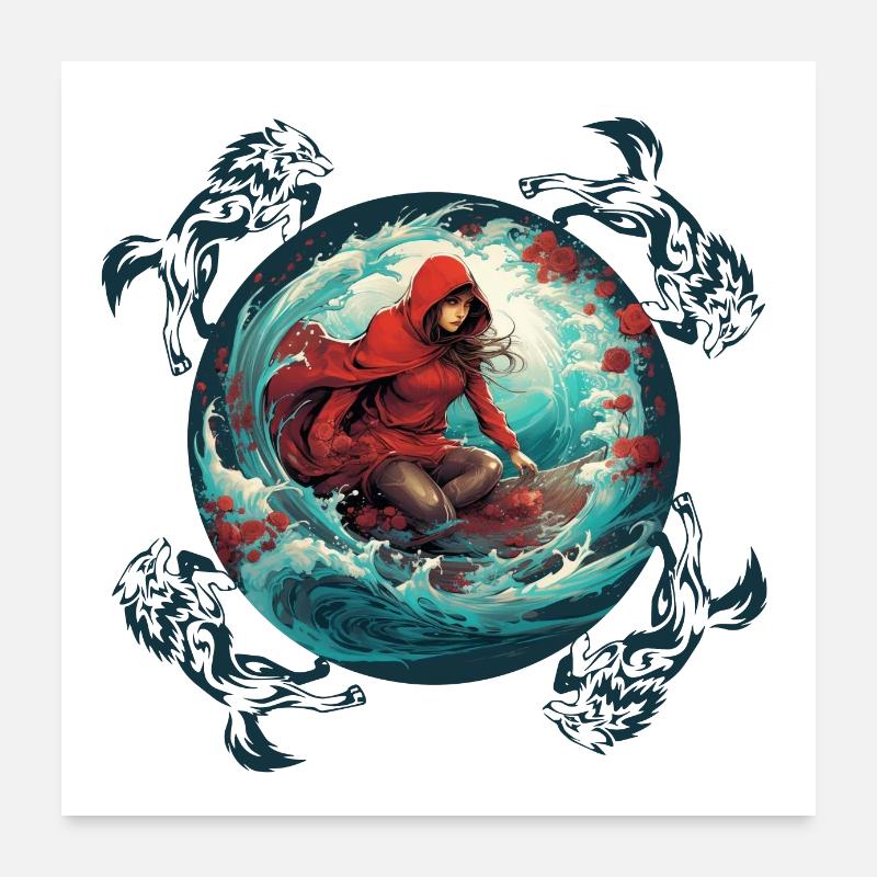 Rotkäppchen surft auf Surfbrett Wolf auf Welle Poster 60x60 cm