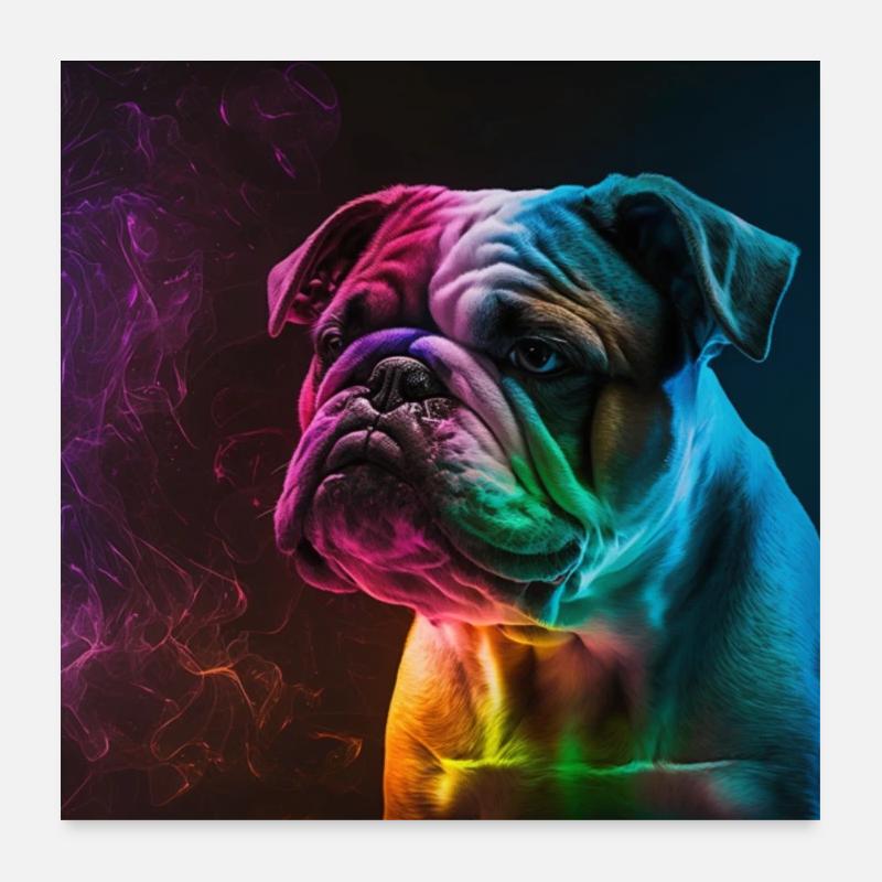 Glowing Bulldog: Neonträume eines temperamentvolle - Poster 60x60 cm - Weiß