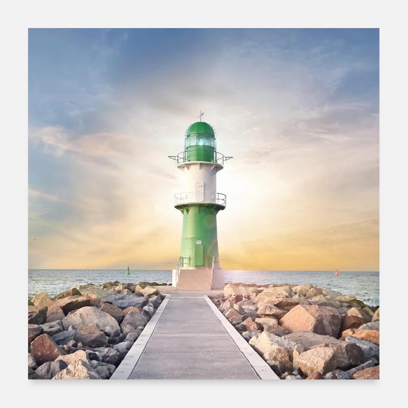 Phare de Warnemünde au soleil du soir - Poster 60 x 60 cm - blanc